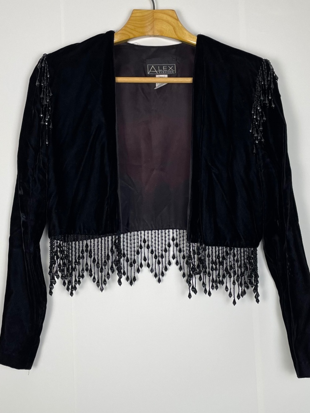 Vintage Alex Evenings Black Velvet Cropped Bolero Jacket Beaded Fringe Size XL